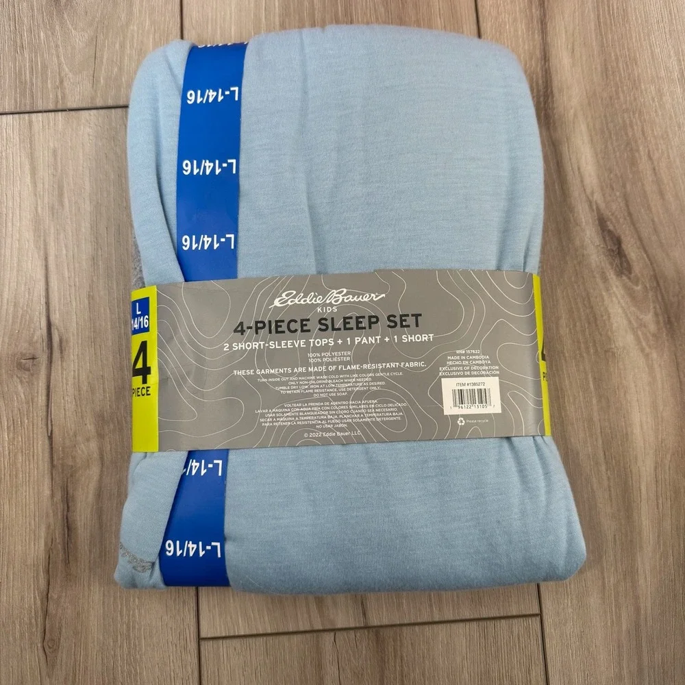 Eddie Bauer Kids 4 Piece Sleep Set Pajamas Grey Blue Bear Size L 14/16